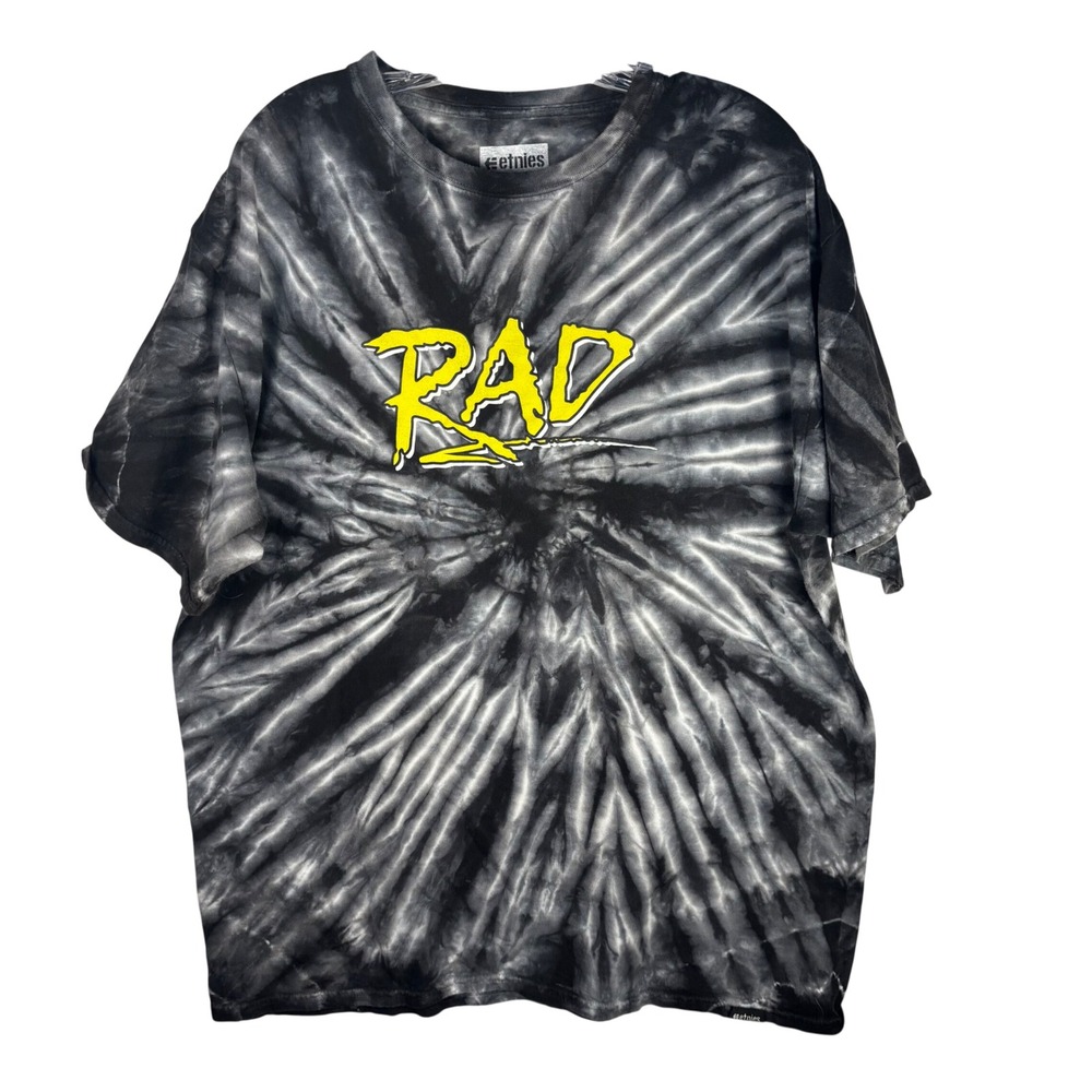 Etnies x Rad Racing Tie Dye T-Shirt‎ Mens XL Black Grey Yellow BMX Skate Tee